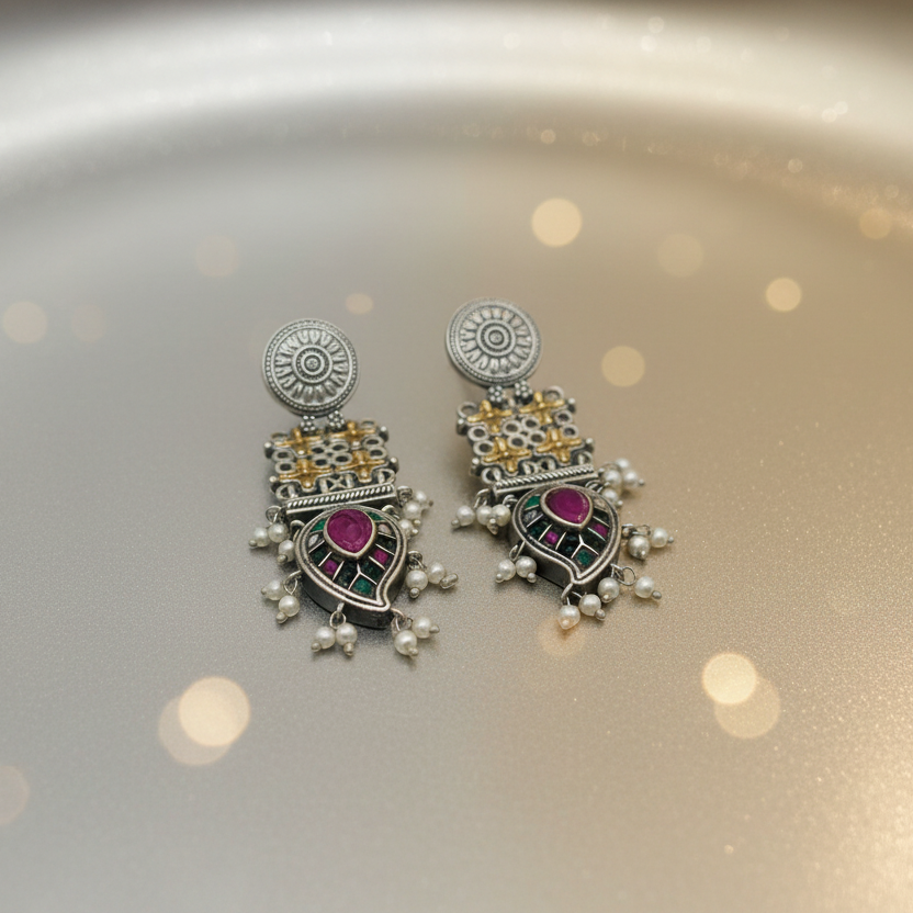 Ornate silver earrings with gemstones on a reflective surface