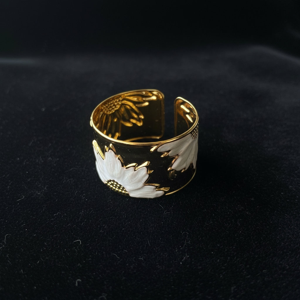 Gold Tone Sunflower Cuff Kada White Enamel Open-Back Bracelet