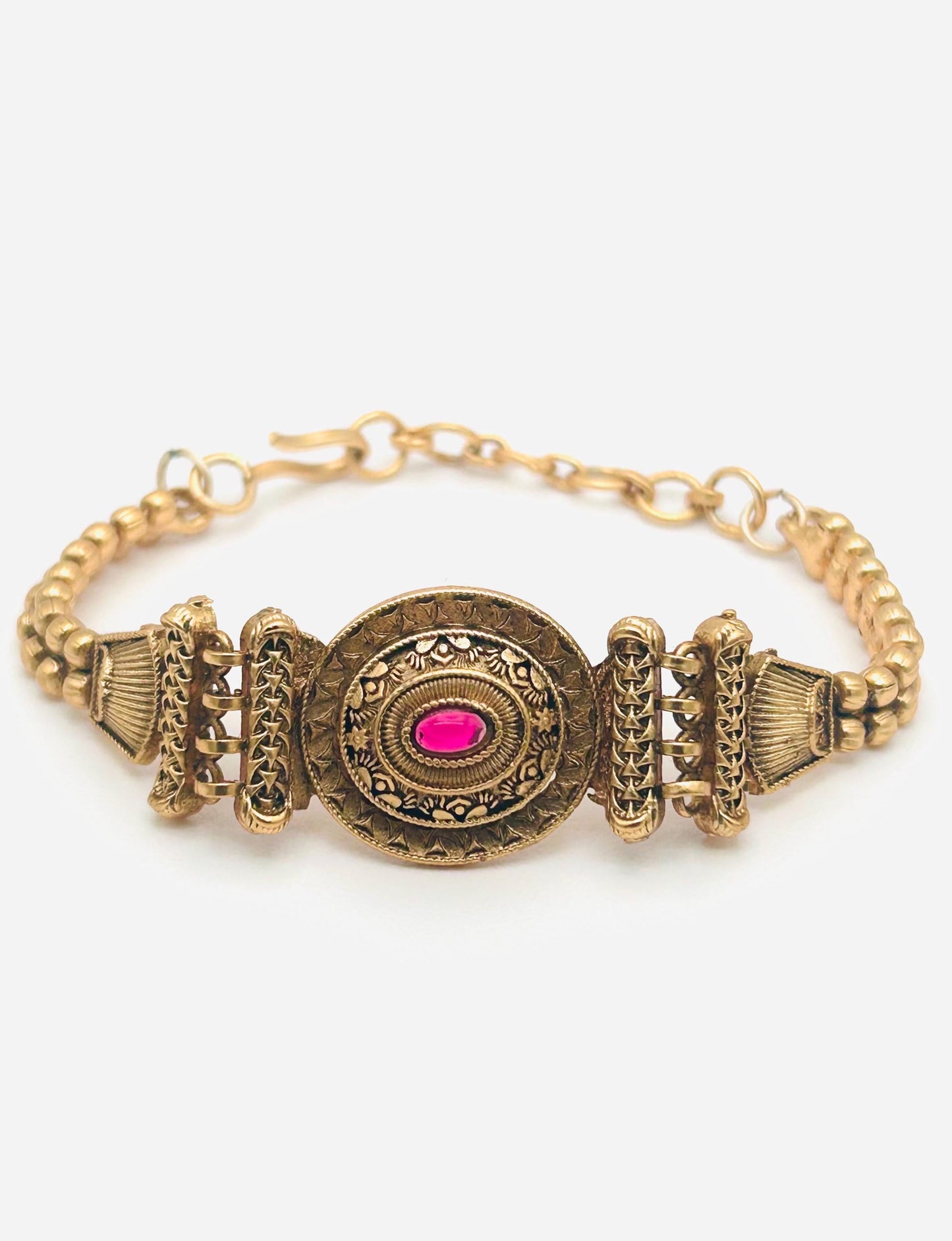 Traditional Antique Matte Gold delicate Finish Bracelet with Central Ruby Stone & Intricate Filigree