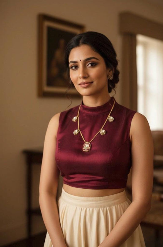 Woman wearing a maroon top and beige skirt indoors