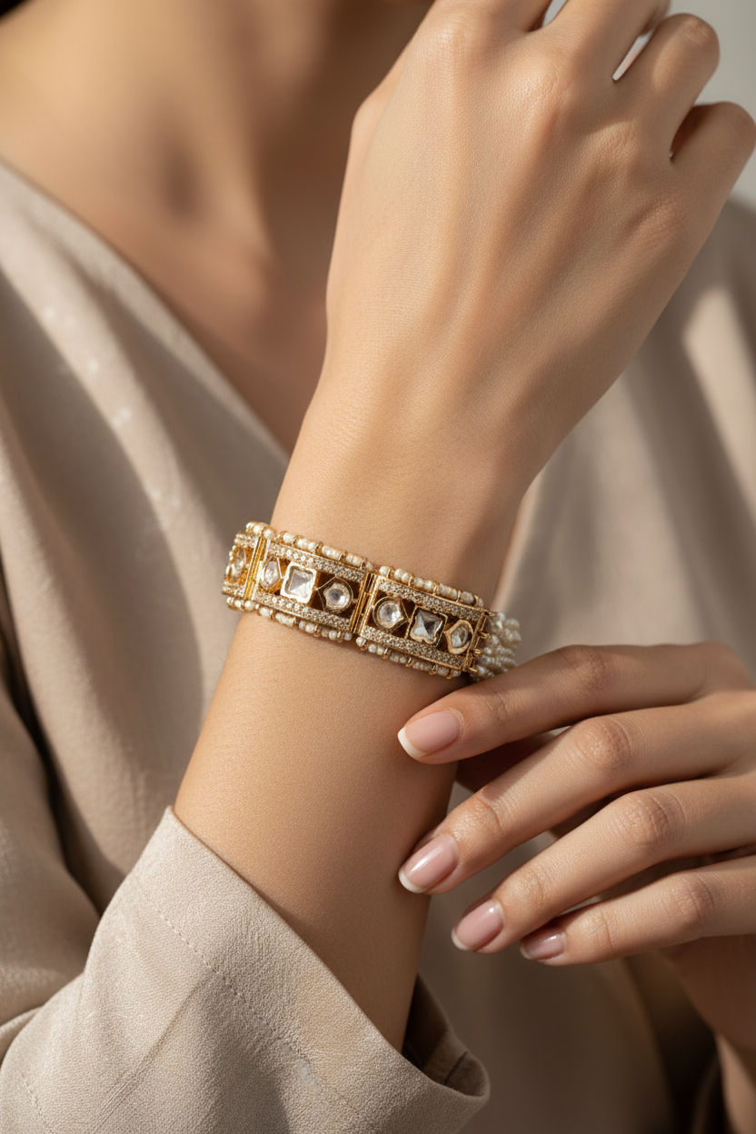 Pearl beaded rose gold plated polki Kundan bracelet casual traditional jewelry women wearing 