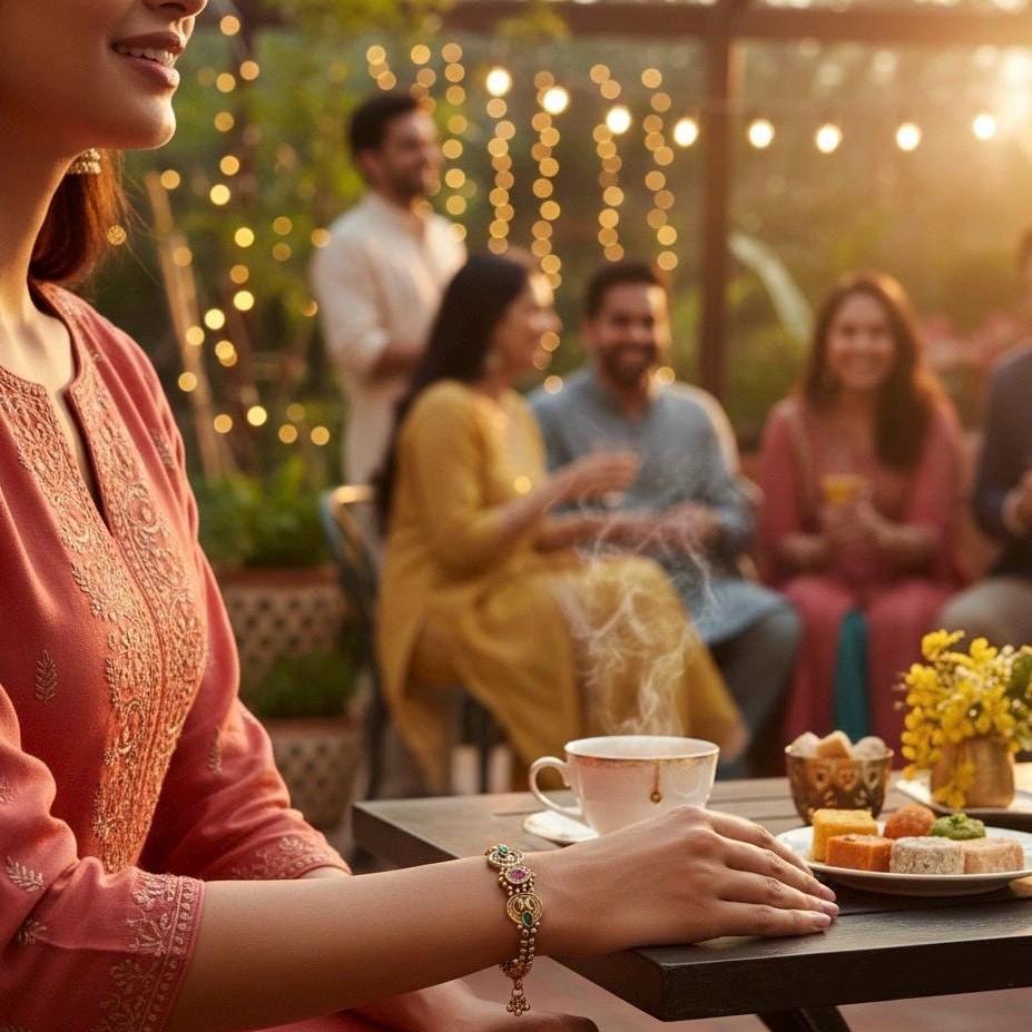 People enjoying a meal together outdoors with string lights and a table setting.