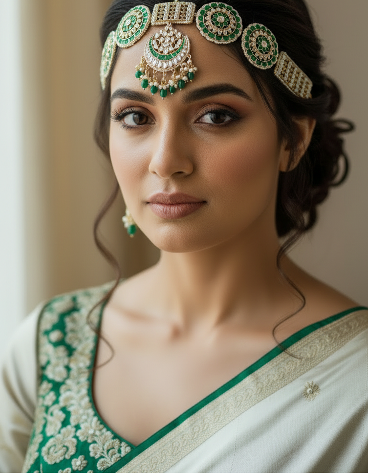 Woman wearing a green and white traditional outfit with a headpiece.