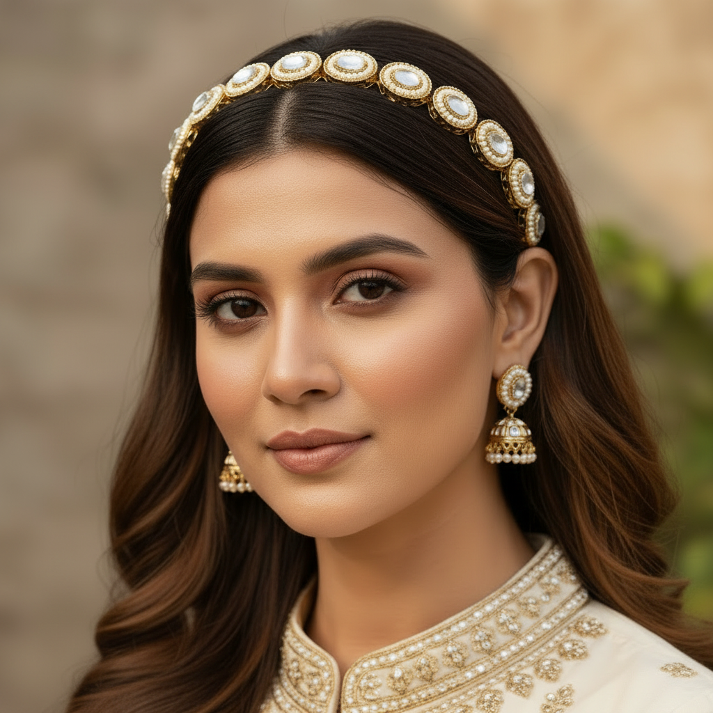 Woman wearing an embroidered cream outfit with antique gold tone hair band Indian traditional wedding head accessories against a blurred natural background