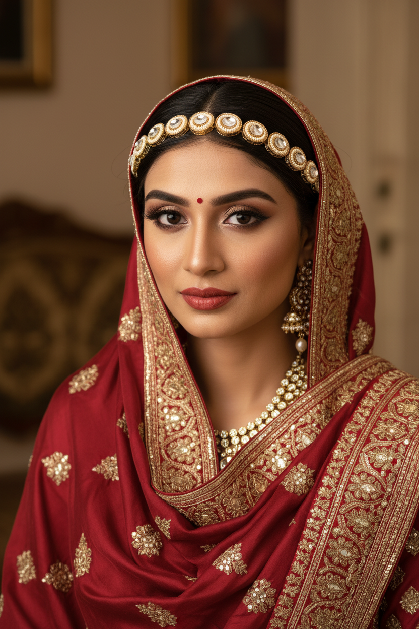 Woman wearing handmade pearl head hairband with a red and gold traditional outfit. 