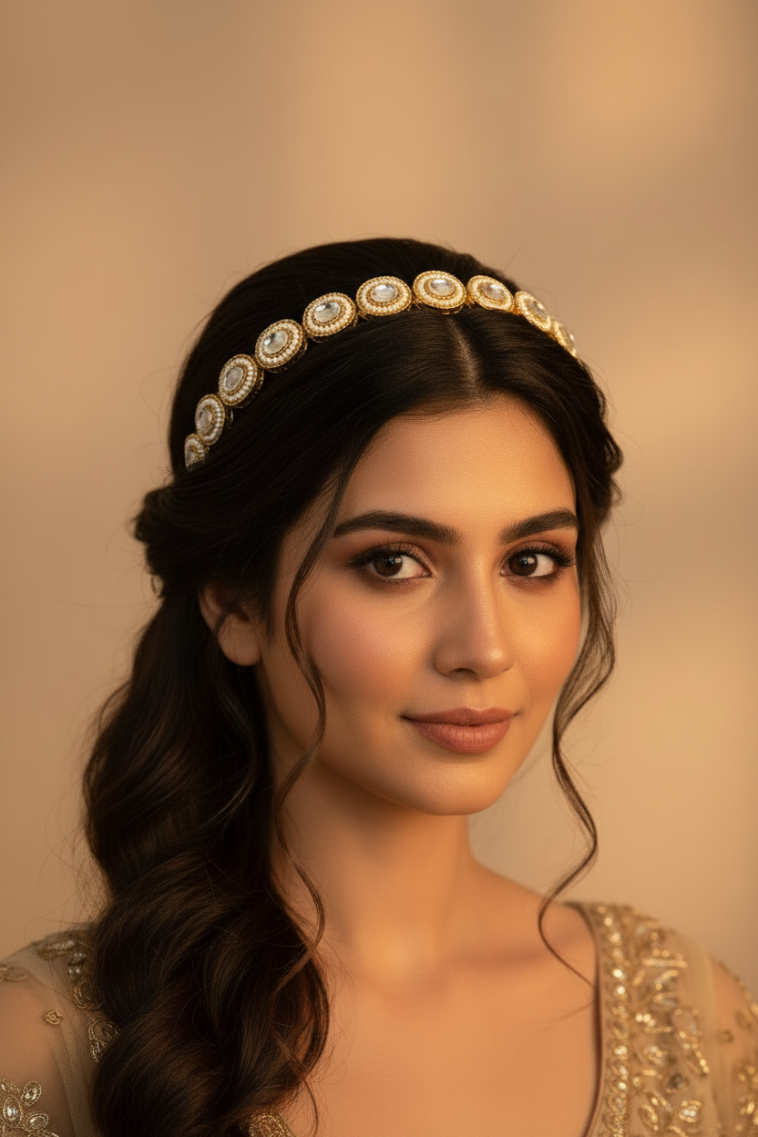 Woman wearing a decorative kundan headband with pearl embroidered circle a warm, neutral background