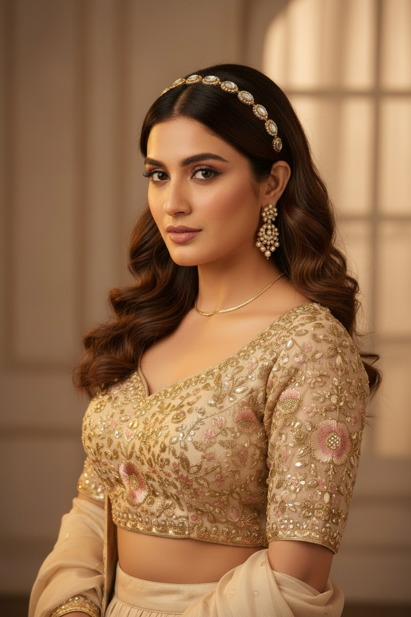 Woman wearing heritage hairband a traditional embroidered blouse with floral details in a warm-toned setting
