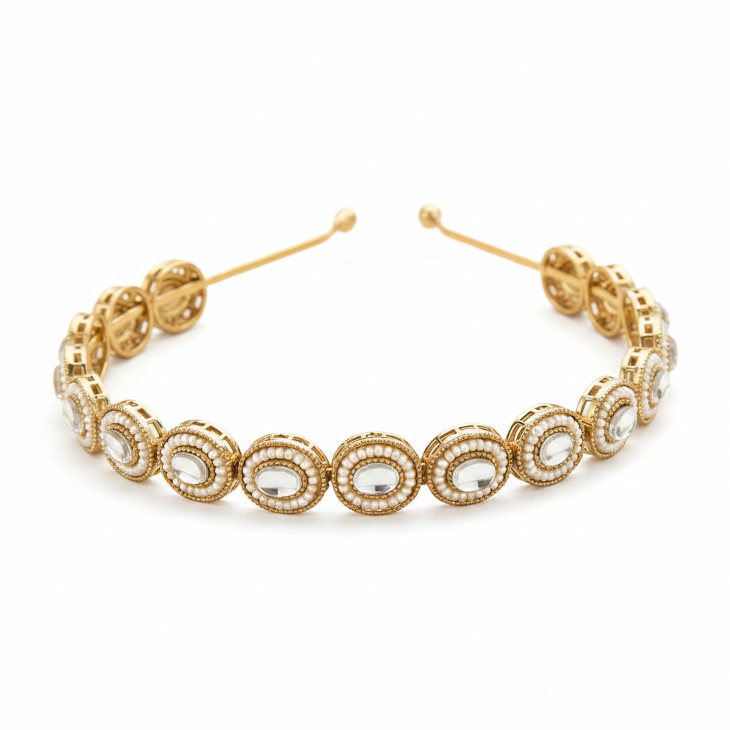 Traditional gold tone headband with circular design with embedded pearl and kundan stones on a white background