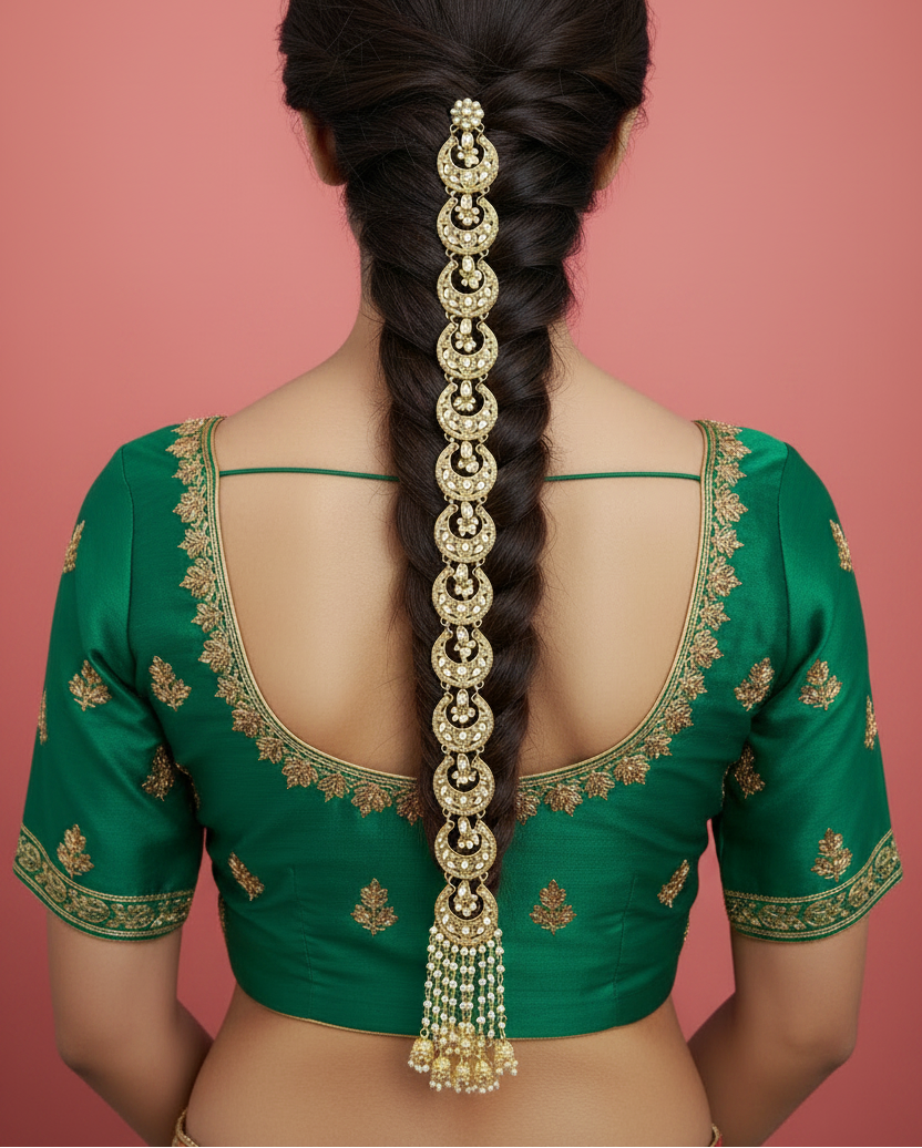 Woman wearing traditional  hair long choti gold plated against a pink background.