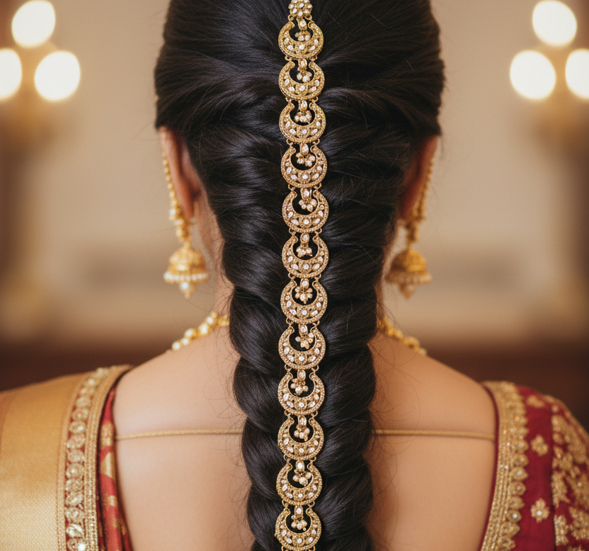 Woman with elaborate hair braid and jewelry, wearing traditional attire.