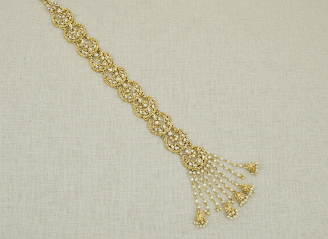 Kundan Chand Bridal Choti – Polki Crescent Braid Jewellery with Pearl Jhumki Tassels & Gold Plating