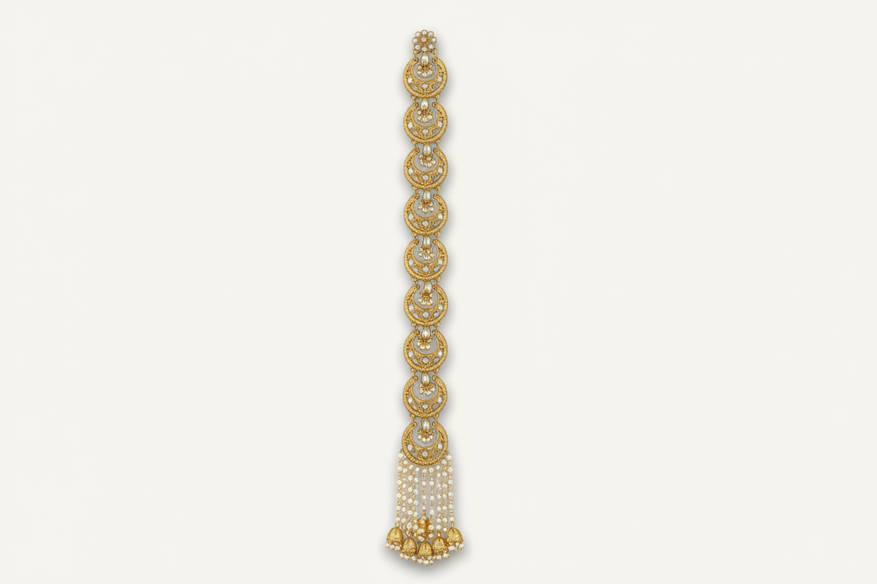 Kundan Chand Bridal Choti – Polki Crescent Braid Jewellery with Pearl Jhumki Tassels & Gold Plating