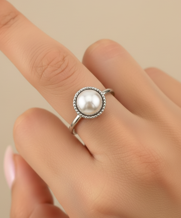 Round Imitation Pearl Milgrain Bezel Solitaire Ring | Silver | Stainless Steel