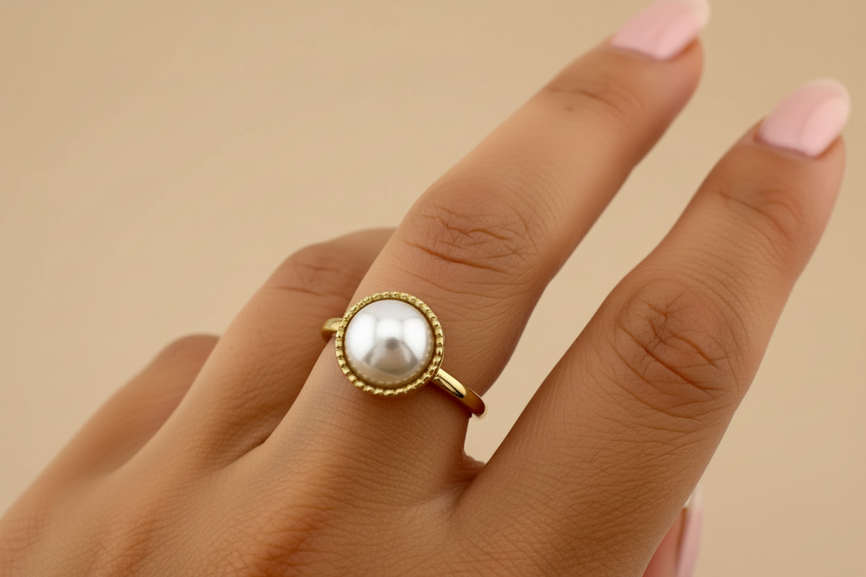 Round Imitation Pearl Milgrain Bezel Solitaire Ring | 18K Gold Plated