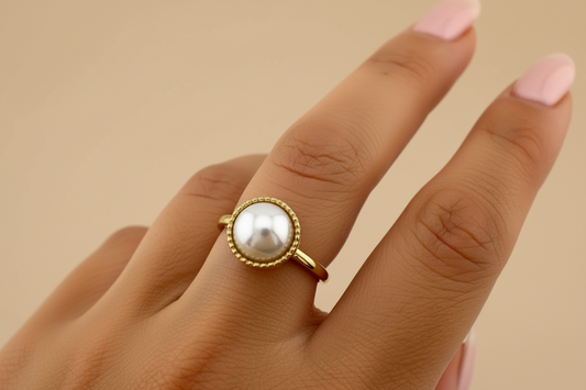 Round Imitation Pearl Milgrain Bezel Solitaire Ring | 18K Gold Plated