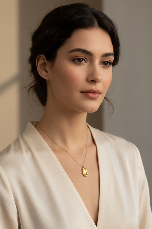 Woman wearing a gold necklace with a pendant against a neutral background
