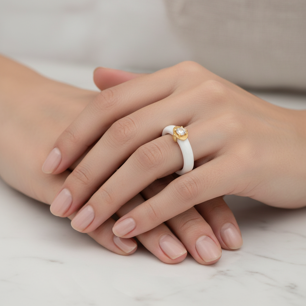 White Ceramic Rose CZ Solitaire Ring | 18K Gold Plated