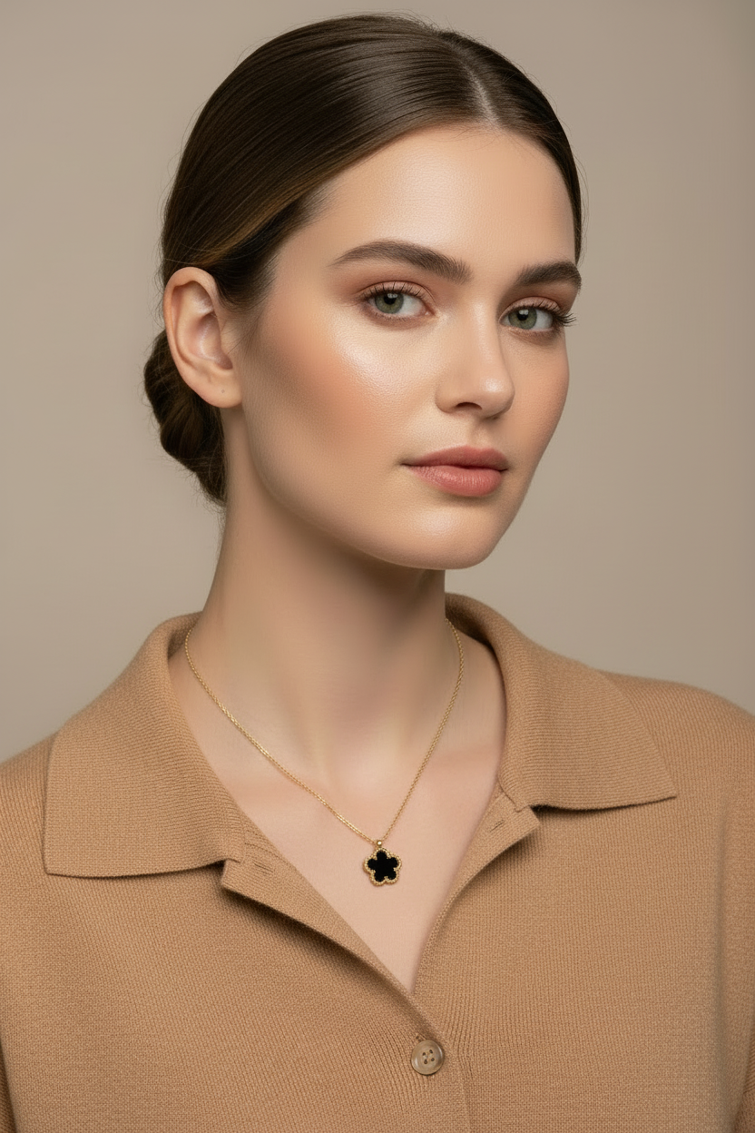 Black Enamel Five-Petal Flower Pendant Necklace | 18K Gold Plated
