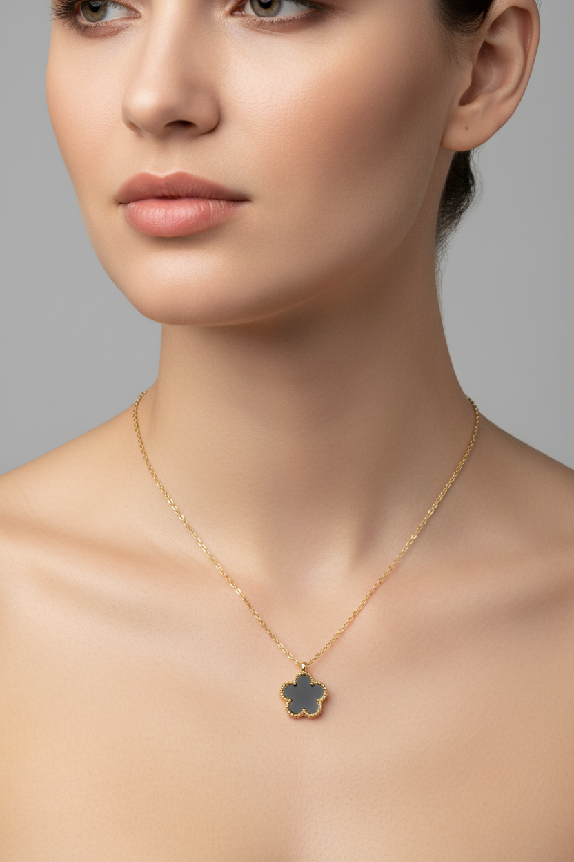 Black Enamel Five-Petal Flower Pendant Necklace | 18K Gold Plated