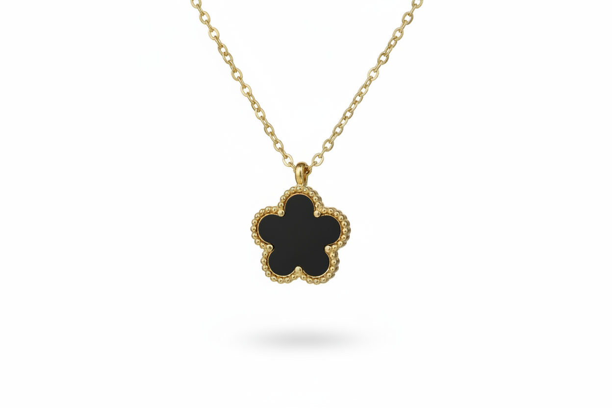 Black Enamel Five-Petal Flower Pendant Necklace | 18K Gold Plated