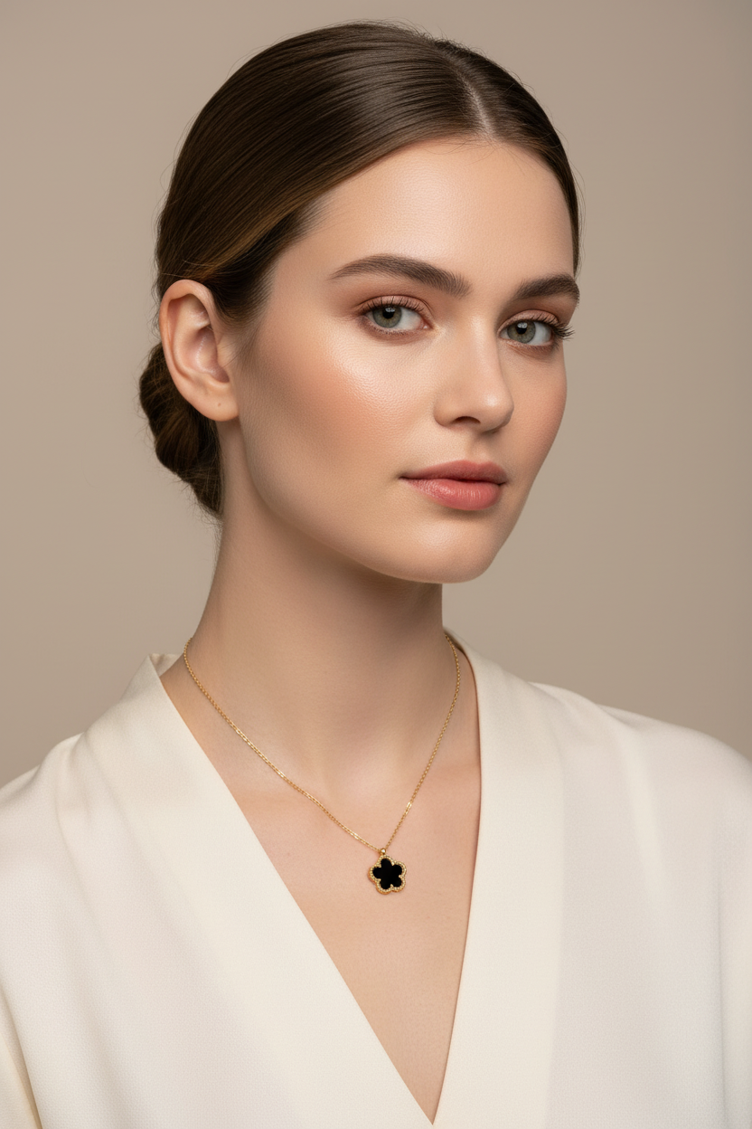 Black Enamel Five-Petal Flower Pendant Necklace | 18K Gold Plated