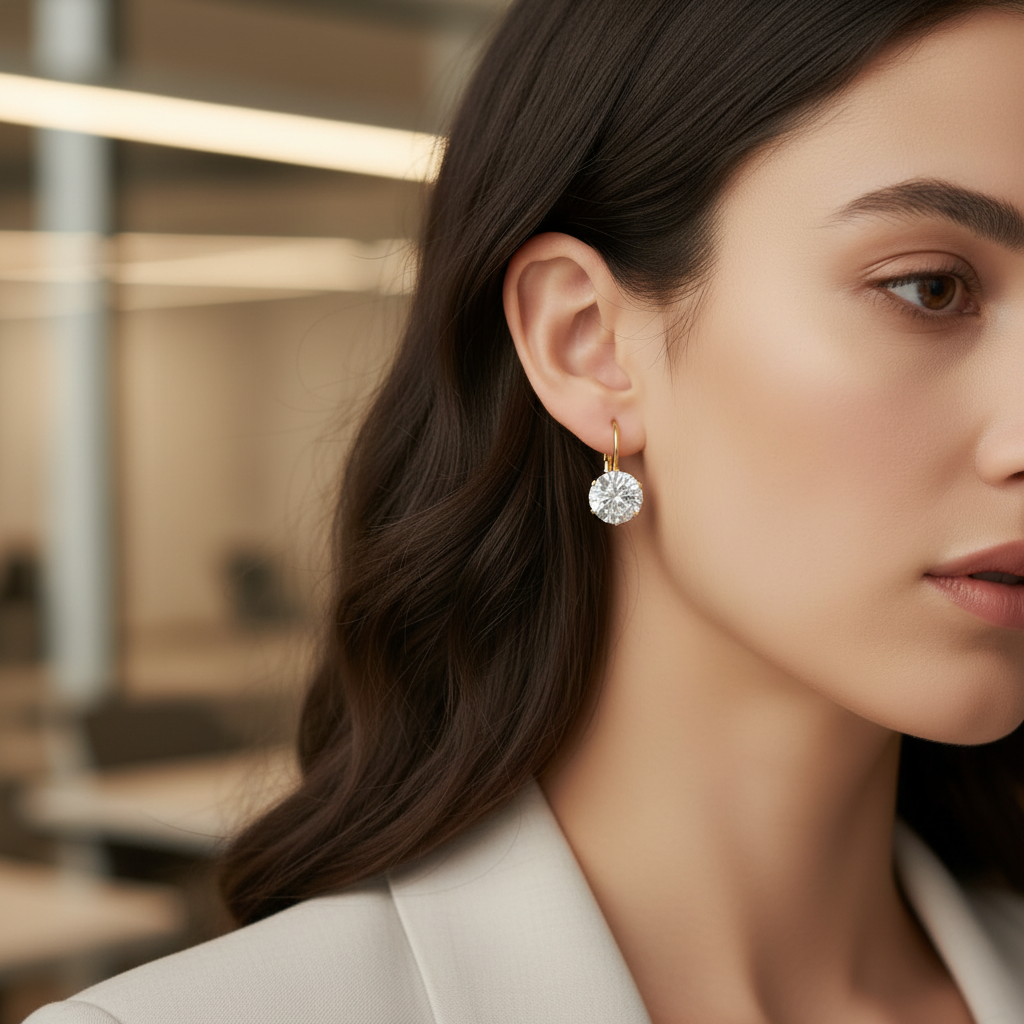 Round Brilliant CZ Lever-Back Drop Earrings 18K Gold Plated