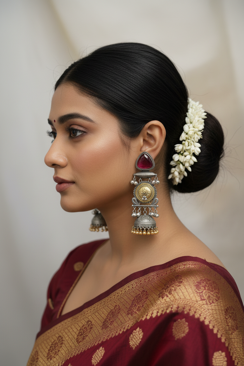 Traditional Jhumka Earrings with Red Stone - Silver Gold tone