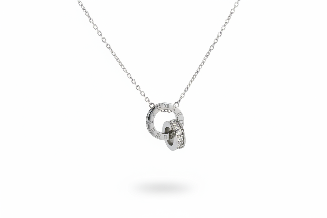 Roman Numeral Interlocking Ring Necklace Silver stainless steel