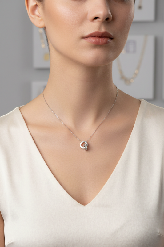 Roman Numeral Interlocking Ring Necklace Silver stainless steel