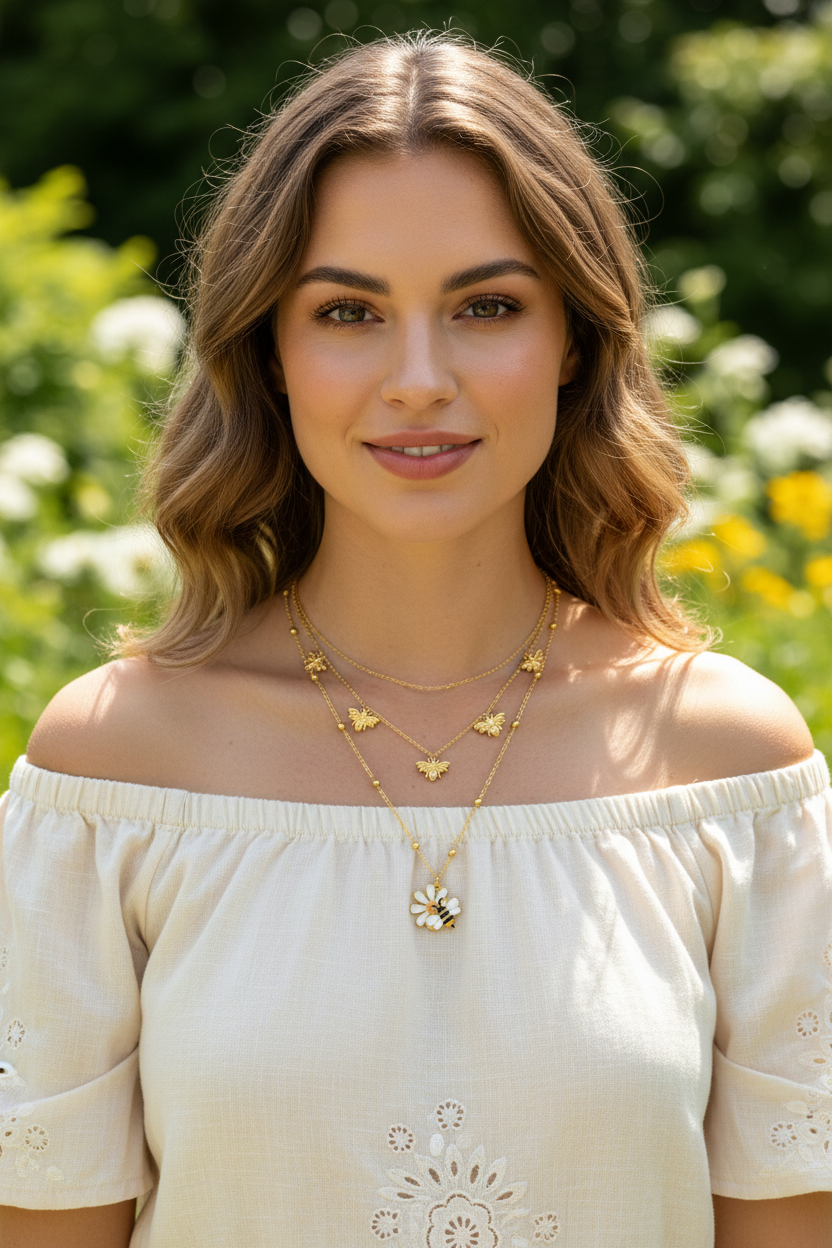 Bee & Daisy Double Layer Necklace | 18K Gold Plated
