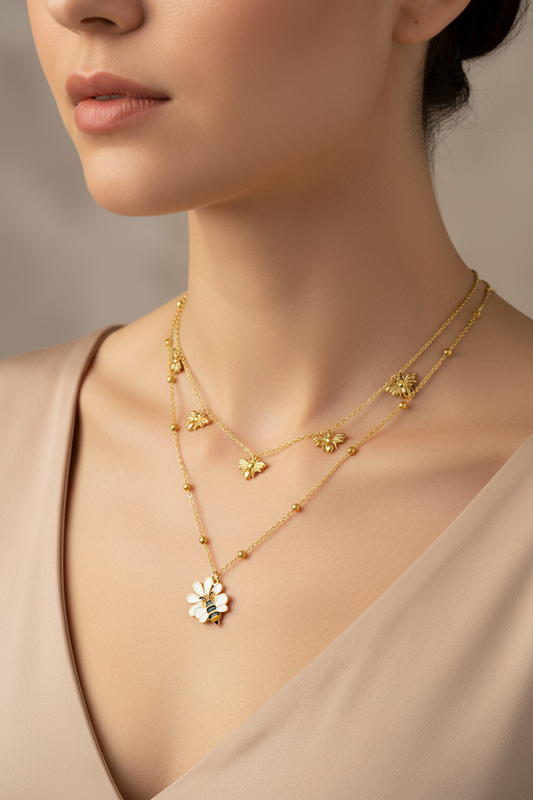 Bee & Daisy Double Layer Necklace | 18K Gold Plated