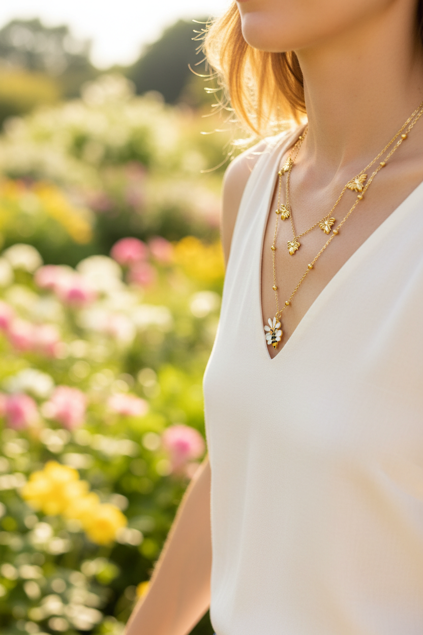 Bee & Daisy Double Layer Necklace | 18K Gold Plated