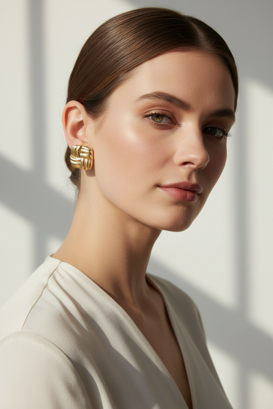 Woman wearing gold earrings against a neutral background