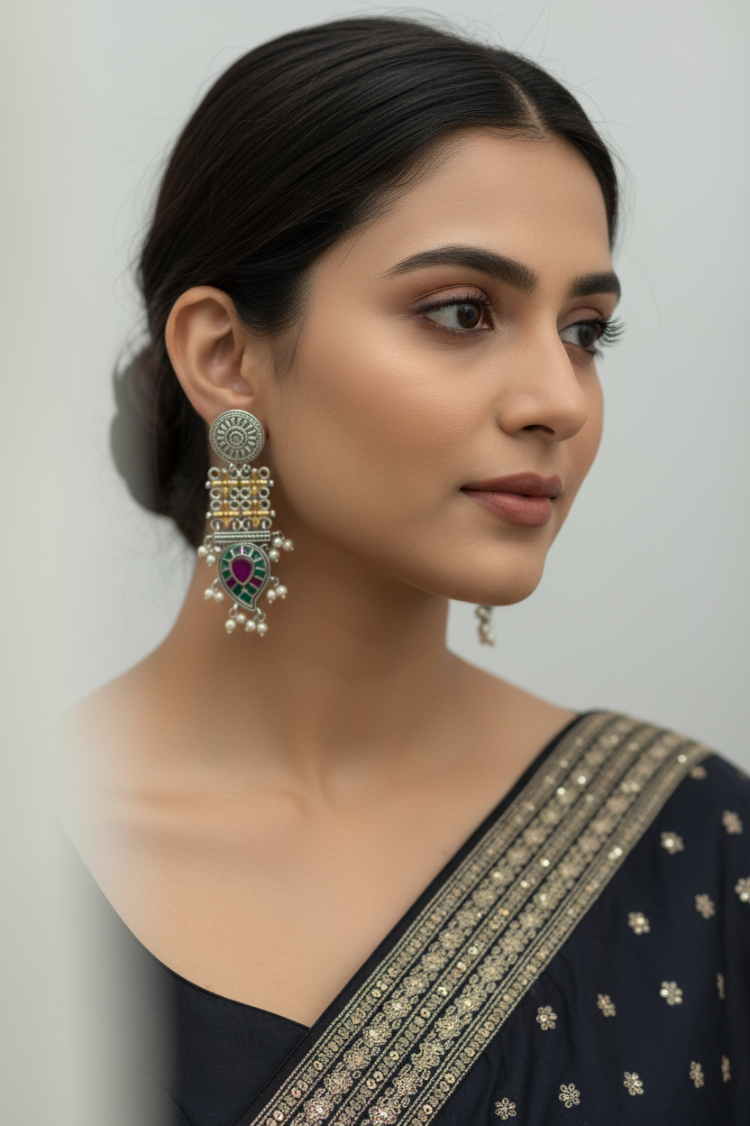 Woman wearing a black saree with gold embroidery and large earrings against a plain background