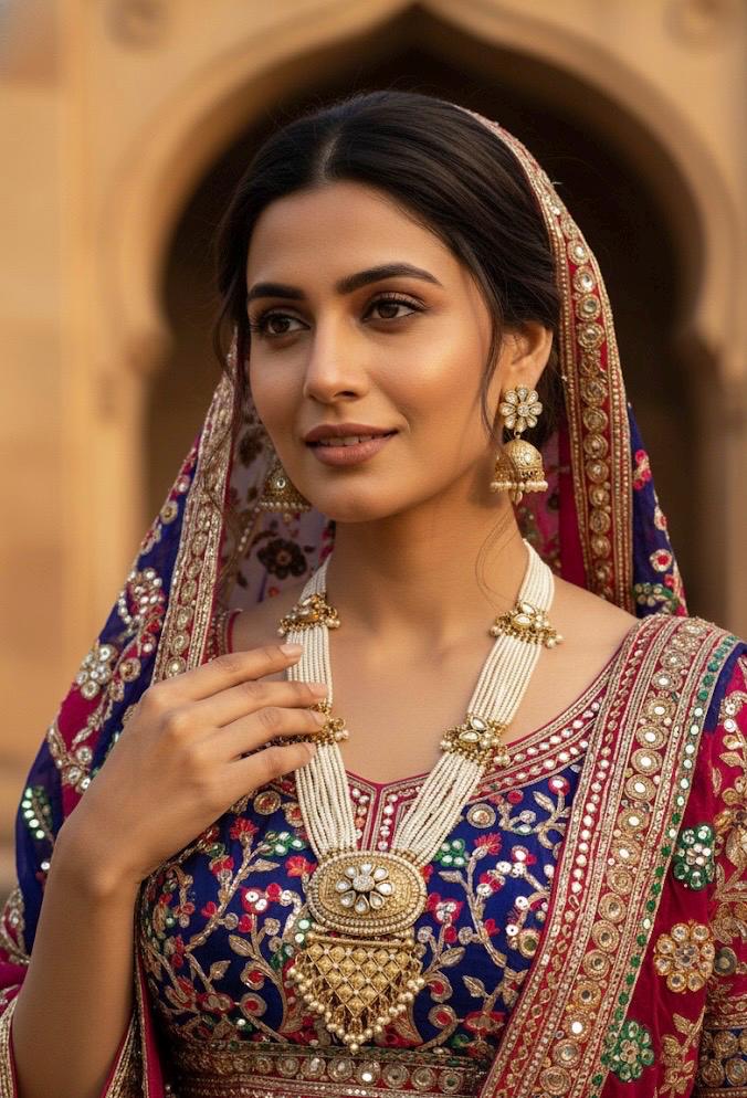 Woman in traditional embroidered outfit with jewelry against a warm-toned architectural background