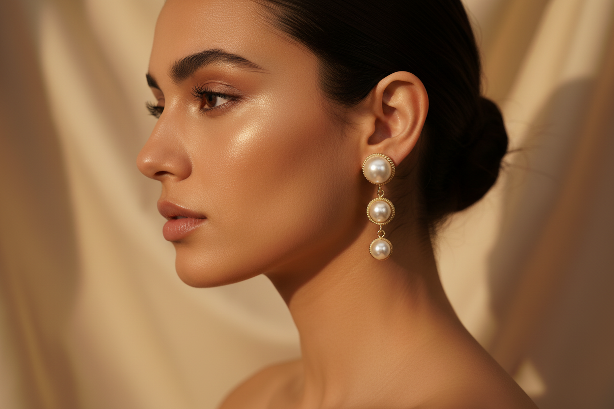 Woman wearing pearl earrings with a soft, neutral background