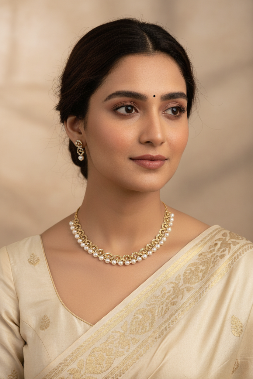 Woman wearing a pearl necklace and saree against a beige background