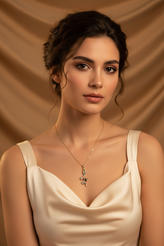 Woman wearing a beige dress and snack pendant necklace against a brown curtain background