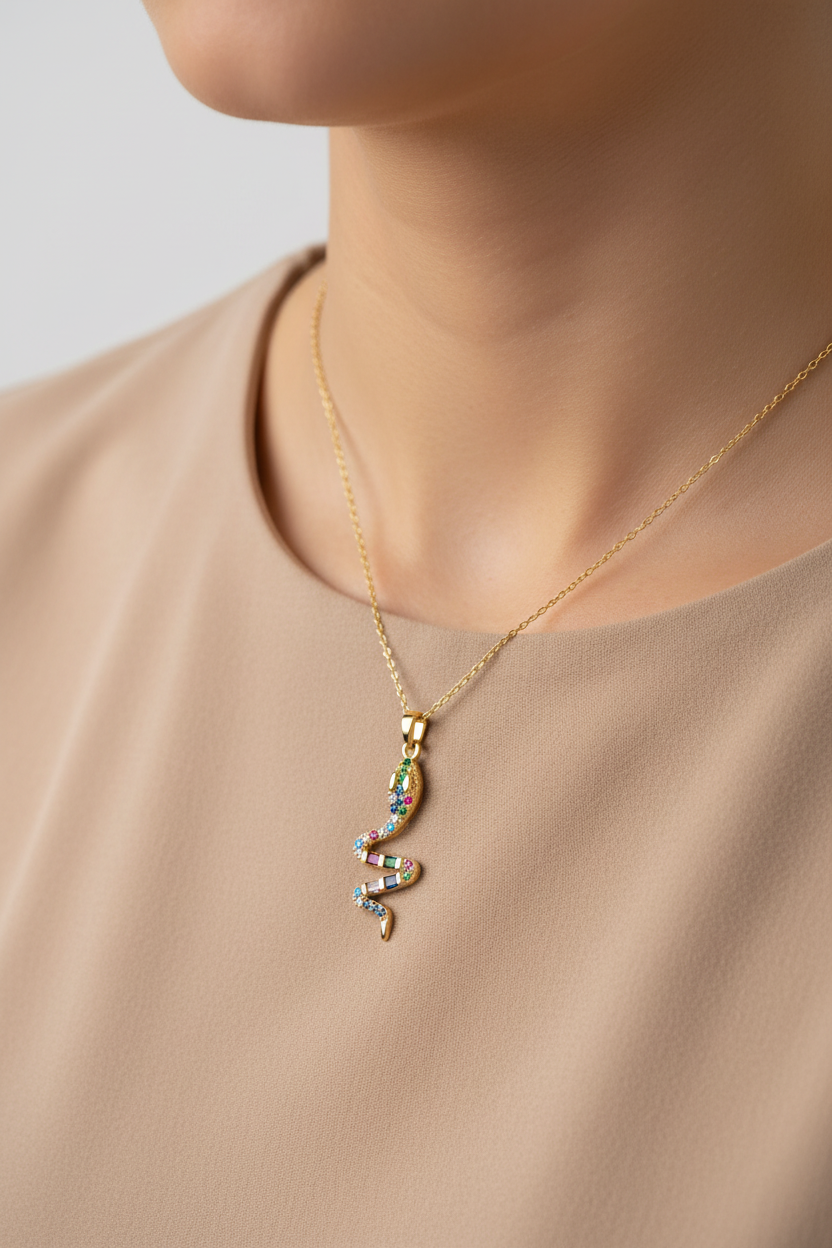 Gold necklace with a colorful pendant on a neutral background