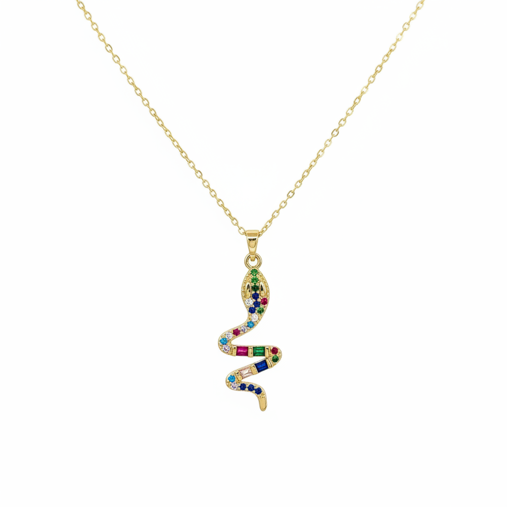 Gold snake-shaped necklace with colorful gemstones on a white background