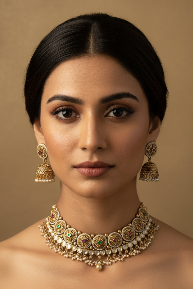Woman wearing gold jewelry against a beige background