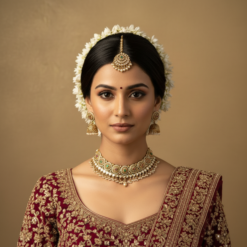 Woman in traditional Indian attire with jewelry against a beige background