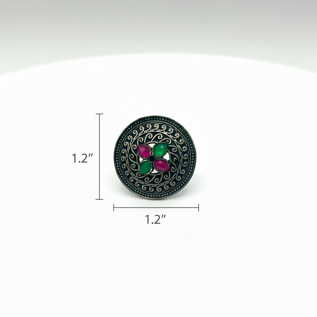 Decorative Ring with floral design and measurements on a white background