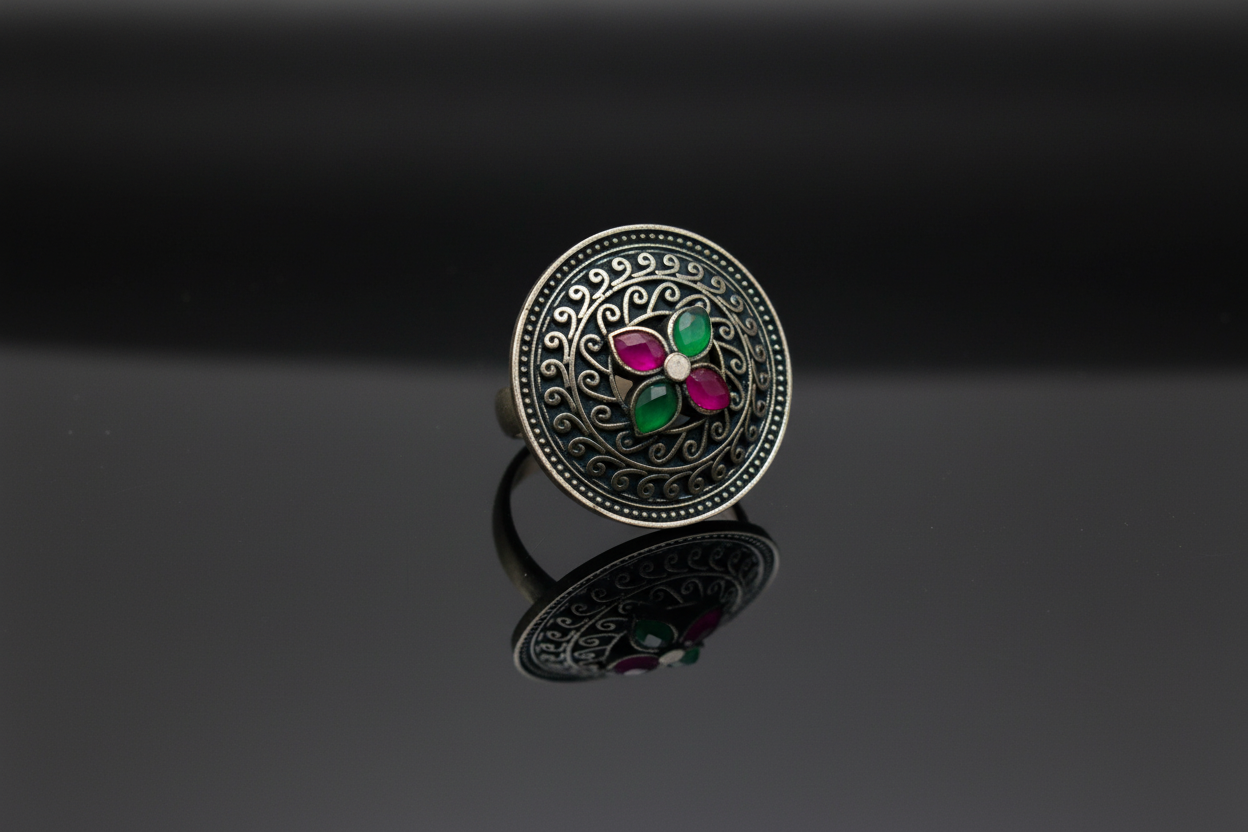 temple Silver black tone ring with colorful gemstones on a reflective black surface