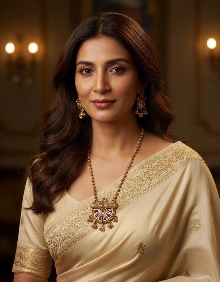 Woman wearing a traditional beige saree with gold jewelry in an elegant indoor setting.