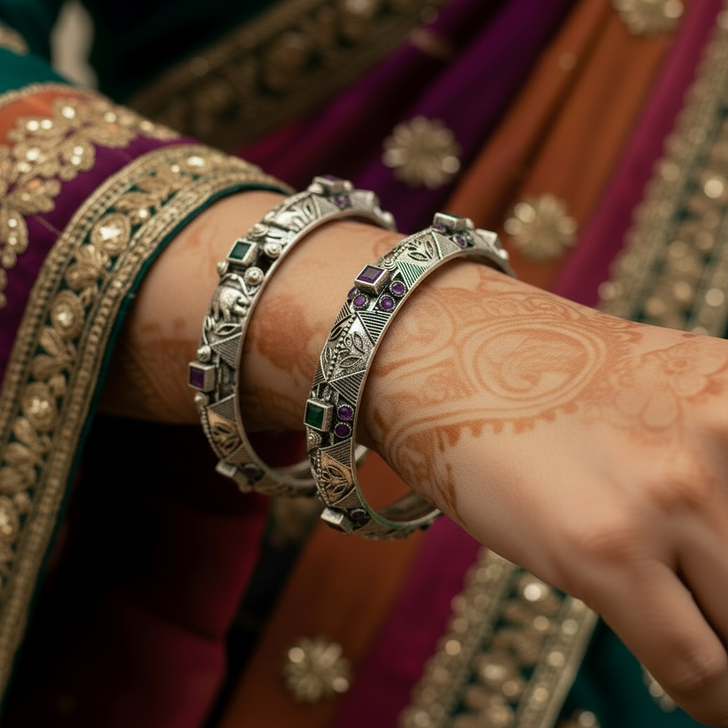Antique Silver Oxidized Bangles Set with Green & Purple Stones | Traditional Kada Bracelet