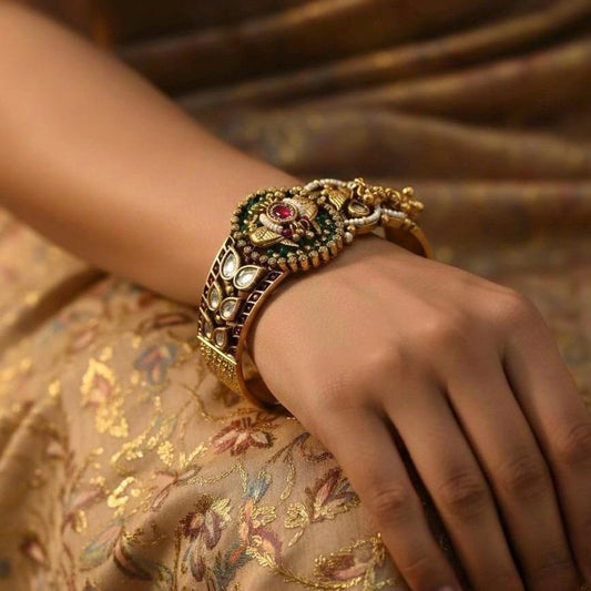 Kundan Polki Peacock Cuff Bracelet - Indian Bridal Jewelry