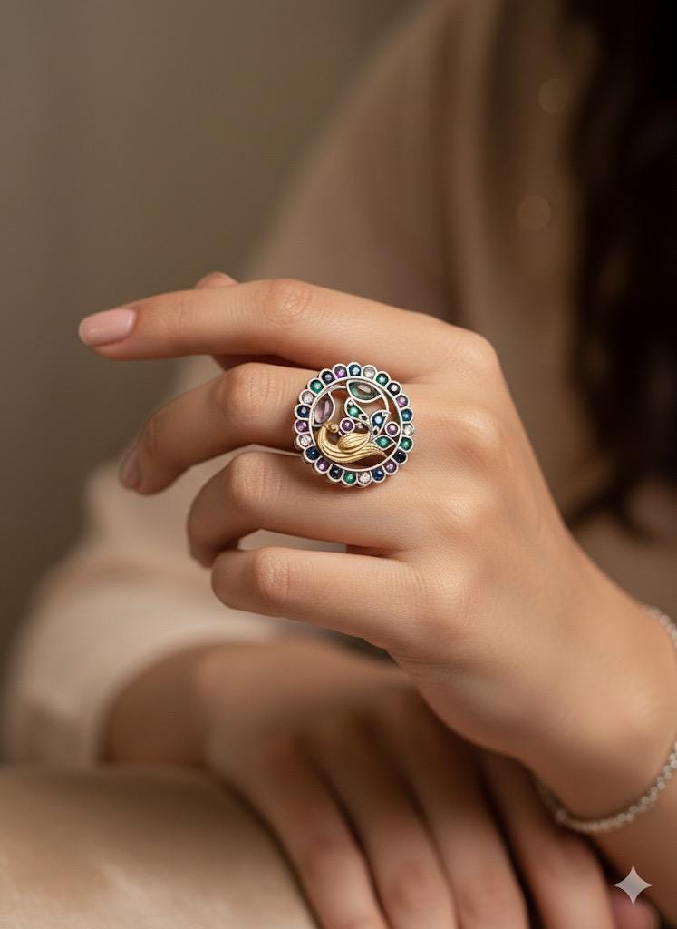 Close-up of a hand wearing a decorative ring with gemstones on a neutral background
