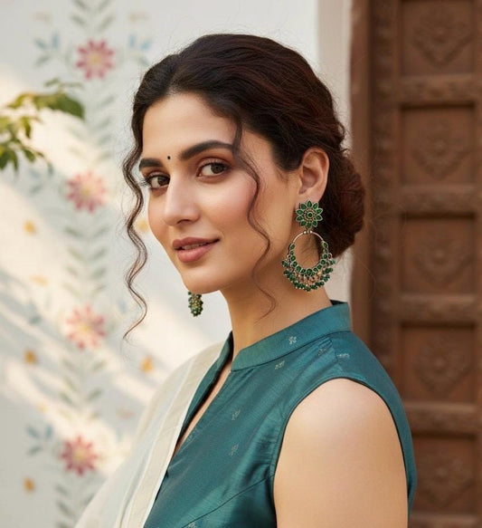 Green Stone Hoop Earrings  Floral Stud & Cluster Drop Festive Indian Jewelry