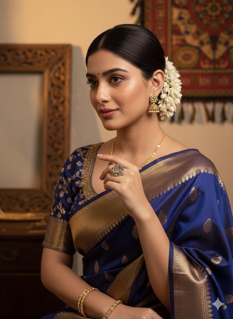 Woman in a blue and gold saree with jewelry, indoors.